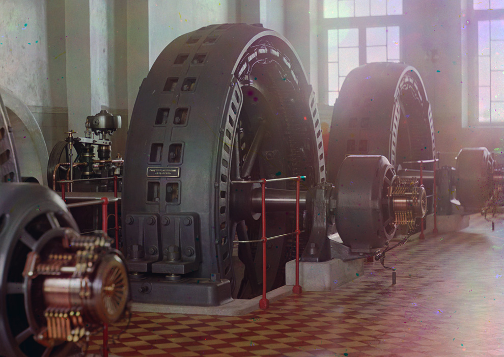 Hydroelectric alternators in Iolotan, Turkmenistan, circa 1910. The floor tiles really bring home to me that this is a different time and place.
